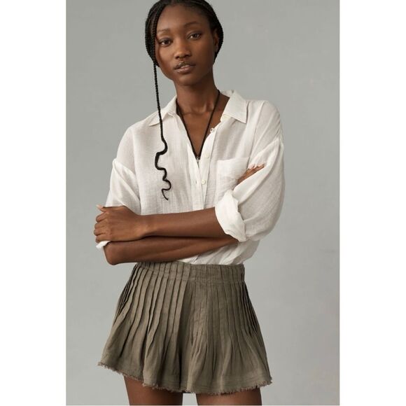 NEW By Anthropologie Moss Pleated Fringed Linen Mini Skirt Skirty Shorts Size 12 - Picture 2 of 5
